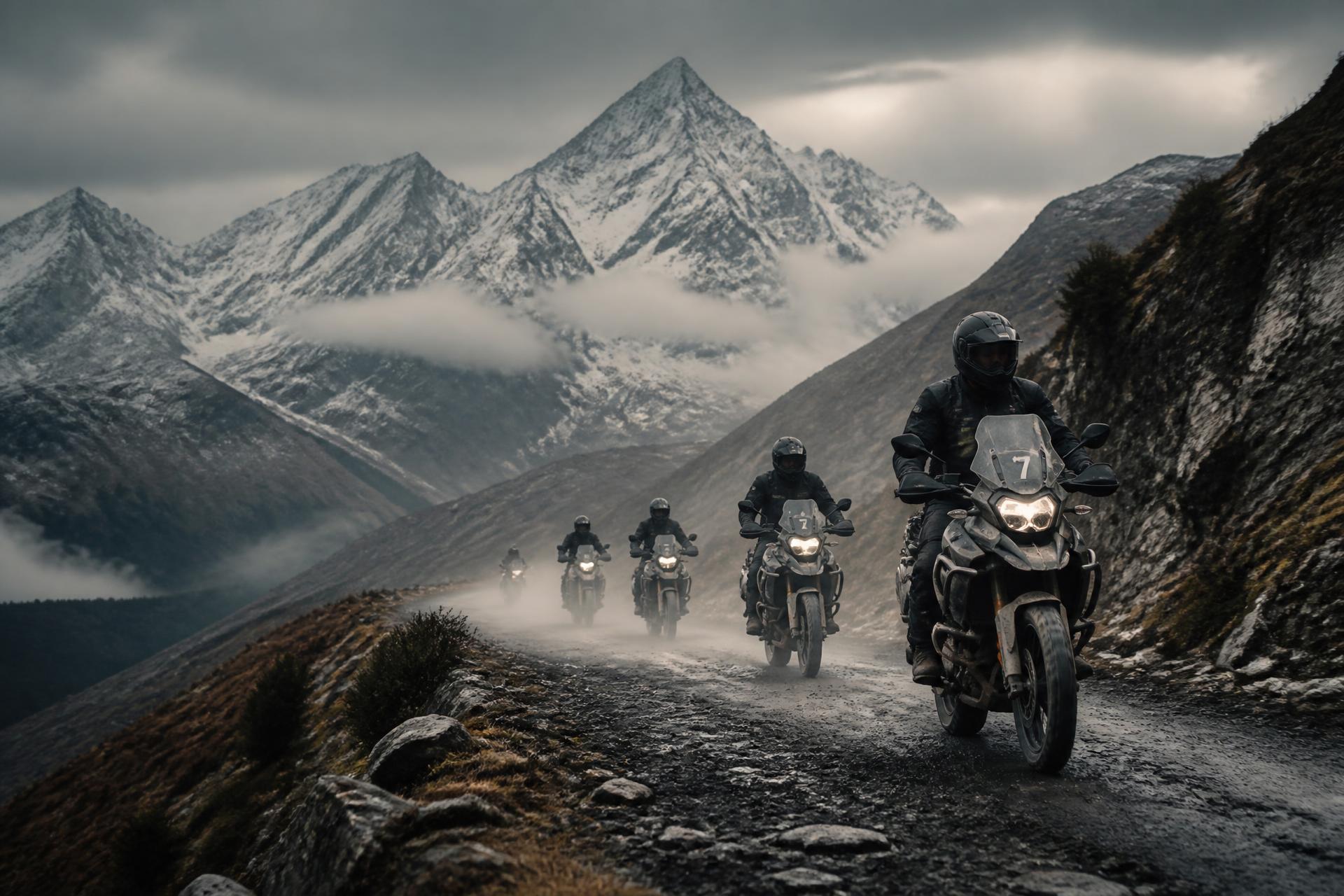 Motorcycle riders on a mountain road in the Arunachal Pradesh Himalayas