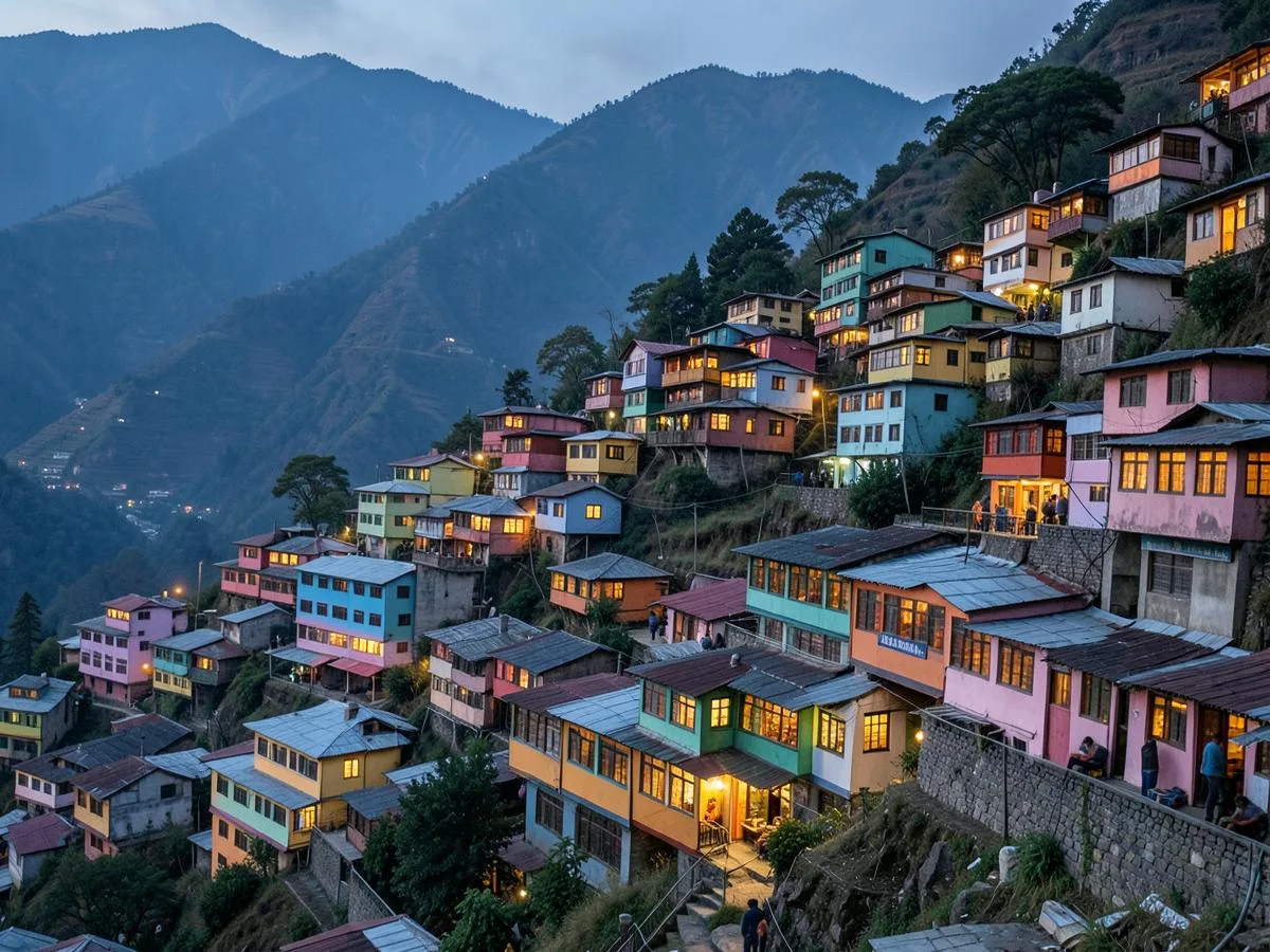Colourful houses stacked on a steep hillside in Gangtok, Sikkim, at dusk