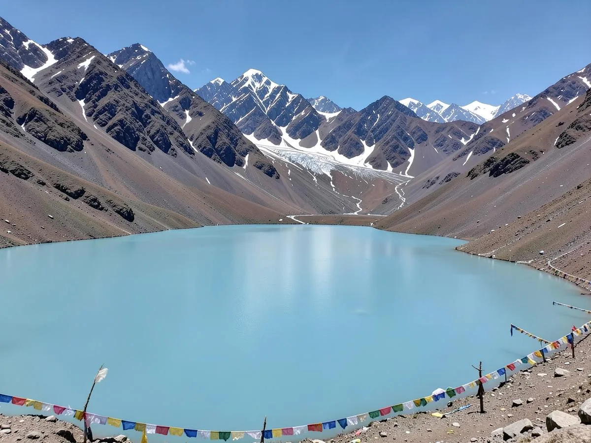 Turquoise Gurudongmar Lake surrounded by bare Himalayan mountains and prayer flags