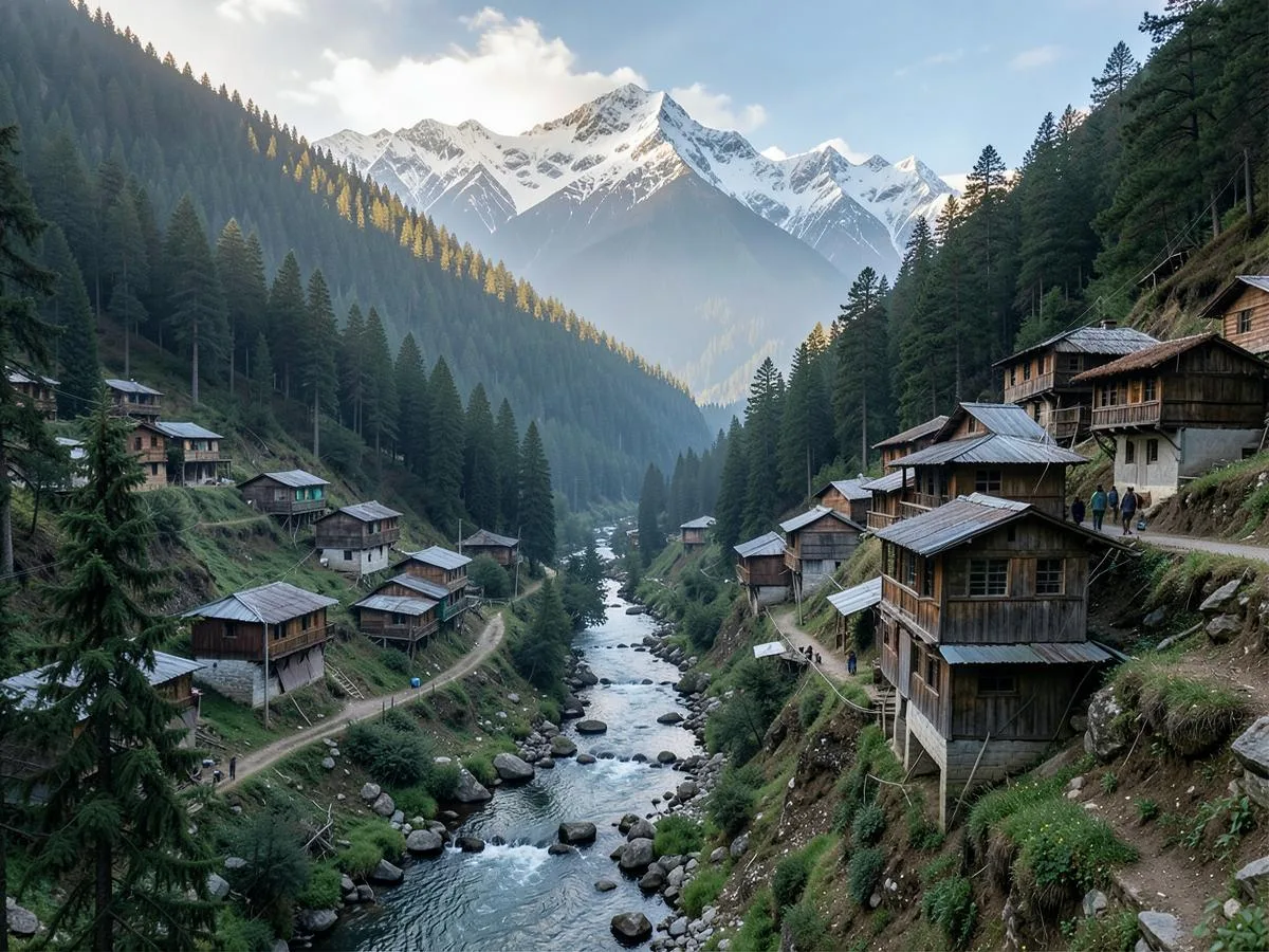 Mountain village of wooden houses beside a river in North Sikkim