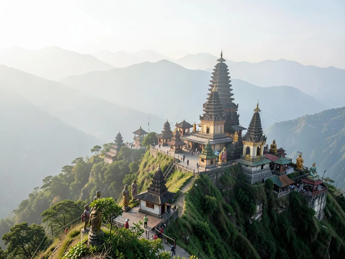 Hilltop temple complex near Namchi in South Sikkim with layered mountain ridges behind