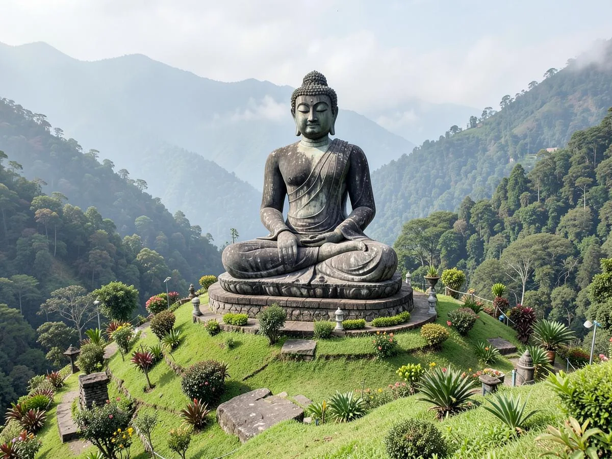 Large seated Buddha statue on a green hilltop at Ravangla, South Sikkim