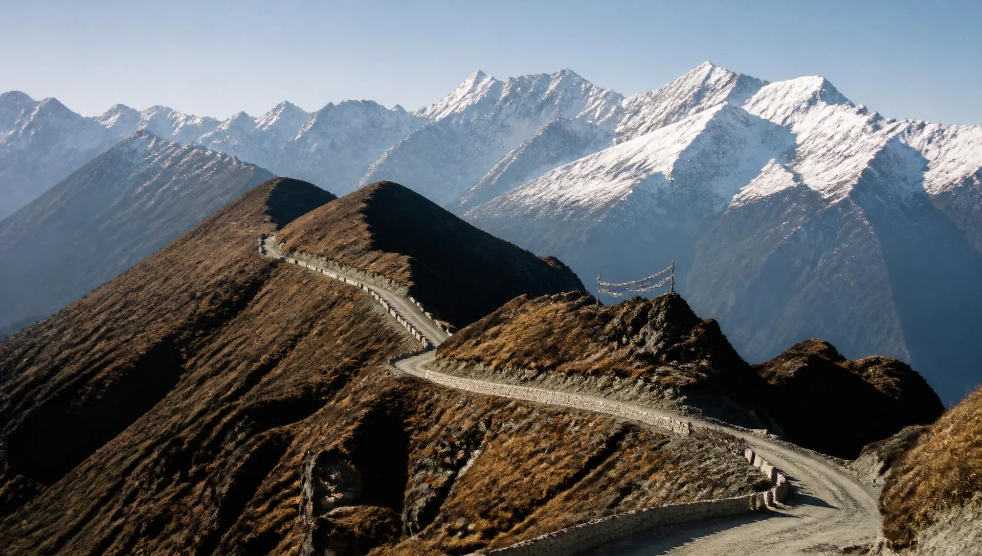 Winding high-altitude mountain road on a bare ridge in Sikkim with snow peaks behind