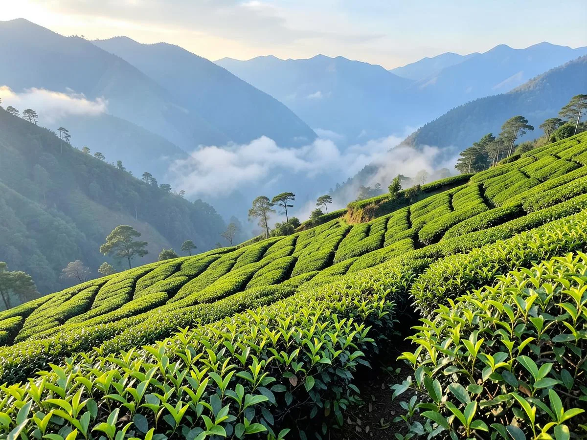 Rows of tea bushes on misty Himalayan slopes at Temi Tea Garden, Sikkim