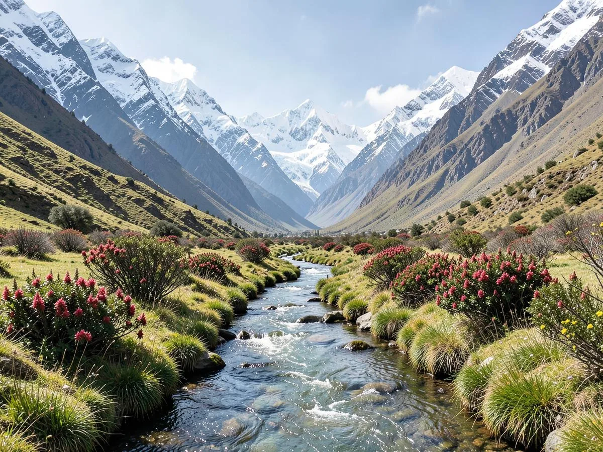 Alpine valley in Sikkim with a river, flowering shrubs and snow-covered peaks