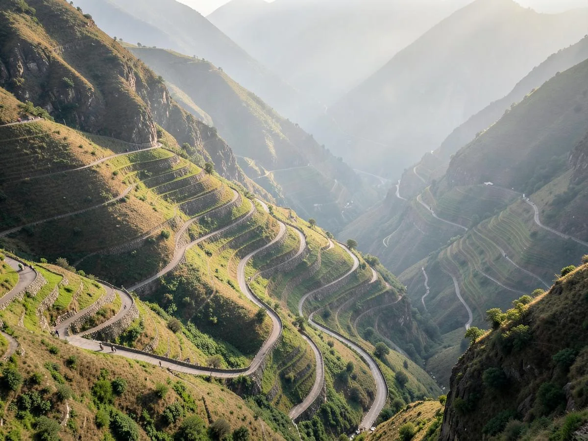 Zigzag hairpin bends of the Old Silk Route road near Zuluk in East Sikkim